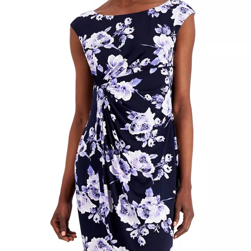 Navy and Lavender Floral Faux-Wrap Sheath Dress